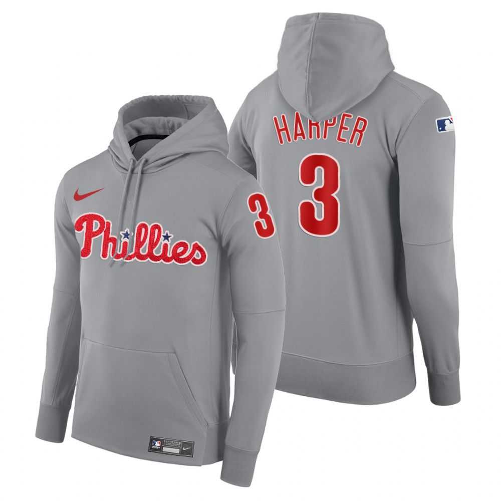 Men Philadelphia Phillies 3 Harper gray road hoodie 2021 MLB Nike Jerseys